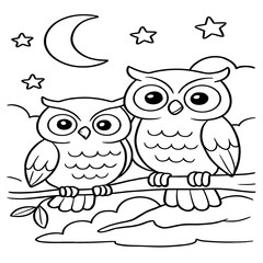Two owls sit side by side on a tree branch at night, illustrated in simple black-and-white line art, perfect for a children's coloring page.