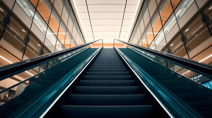 Escalator going up in modern building with glass walls