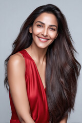 indian woman in a red crop top strokes her long, smooth, shiny, healthy hair against a soft grey background