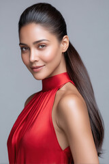 indian woman in a red crop top strokes her long, smooth, shiny, healthy hair against a soft grey background