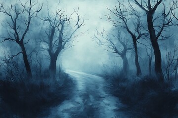 Gloomy path is shrouded in fog, as bare trees line a desolate road