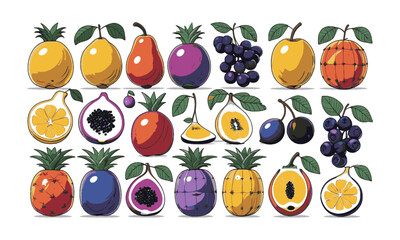 Vector illustration hand drawn featuring a diverse collection of colorful fruits (a playful lemon, papaya, apple), cool purples and blues (grapes, plums, blueberries, easily editable.