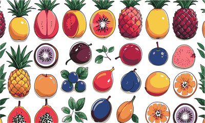 Vector illustration hand drawn featuring a diverse collection of colorful fruits (a playful lemon, papaya, apple), cool purples and blues (grapes, plums, blueberries, easily editable.