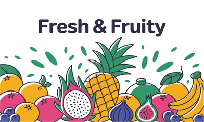 Vector illustration hand drawn featuring a diverse collection of colorful fruits (a playful lemon, papaya, apple), cool purples and blues (grapes, plums, blueberries, easily editable.