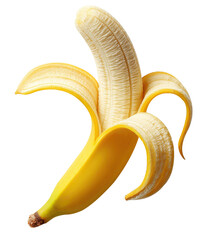 Partially peeled ripe banana isolated on a white background.