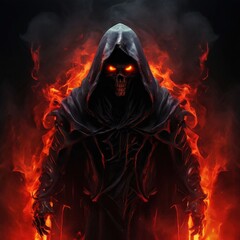 an AI Image Generator, Eerie Hooded Skeleton Figure Surrounded by Fiery