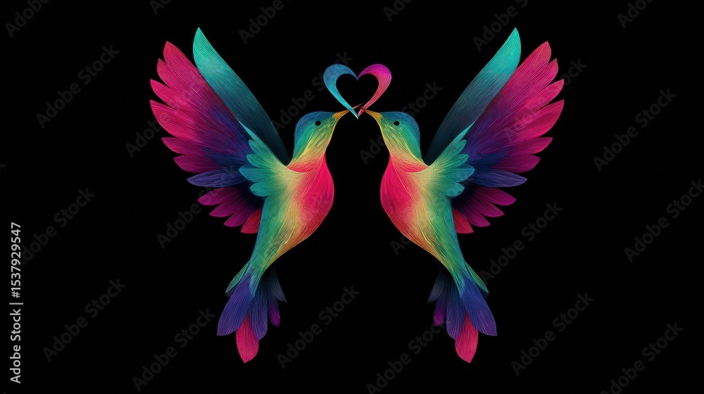 Poster Stylized Birds in Vibrant Colors Create a Heart Shape While in Flight Against a Dark Background