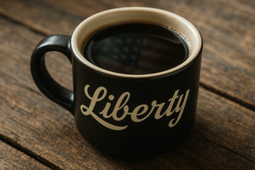 Black ceramic mug with liberty text and reflection of american flag in coffee on rustic wooden table