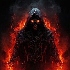 an AI Image Generator, Eerie Hooded Skeleton Figure Surrounded by Fiery