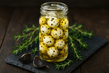 fresh marinated mozzarella cheese balls in glass jar with herbs and garlic on rustic dark wooden board, gourmet snack concept