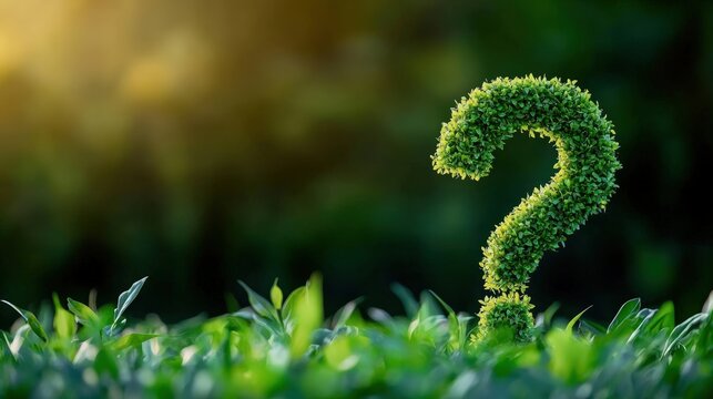 A green shrub shaped like a question mark rises above foliage, symbolizing curiosity and nature's mysteries under warm sunlight. - Powered by Adobe
