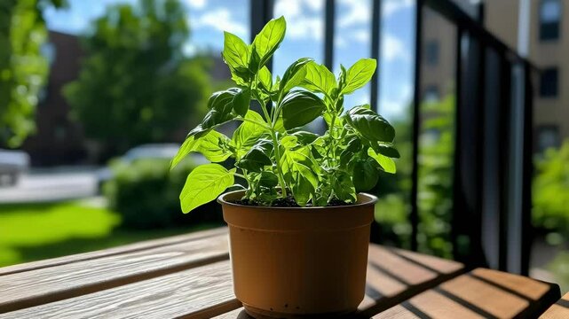 A green basil plant in a pot sits on a table with a blurred figure of a girl in the background. Bright daylight and greenery are visible.