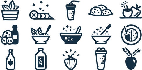 Healthy Eating Nutrition and Wellness Icons Set Design Food Vegan and Vegetable Concepts Delicious Diet and