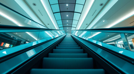 Obraz premium Empty escalator going up in modern shopping mall with teal tone