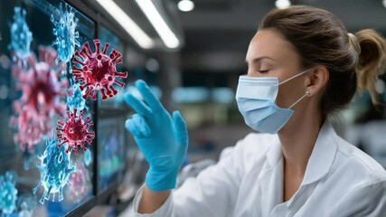 Researching the Microscopic World: A dedicated scientist in a laboratory explores the intricate details of a virus on a high-tech screen. - Powered by Adobe