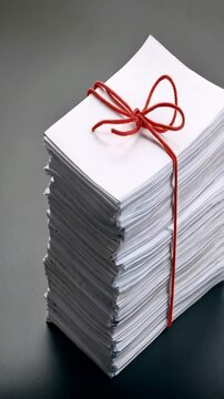 Neatly Stacked Blank Papers with Red String on Dark Surface