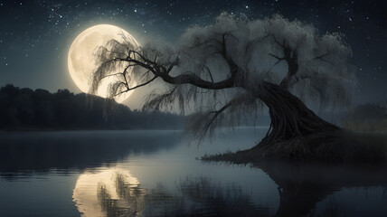 Serene Nightscape Weeping Willow Tree by Moonlit Lake