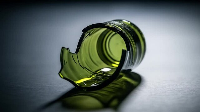 Closeup of broken green glass bottle on dark surface with shadow and reflection