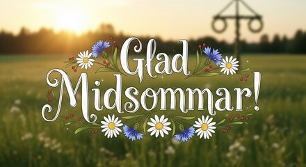 A greeting card for Swedish midsummer celebration, decorative lettering text "Glad Midsommar!" on swedish language