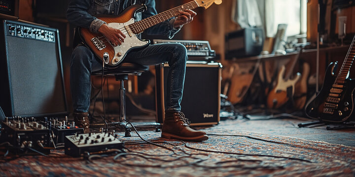 A musician plays a bass guitar in a recording studio. Cables and equipment surround him. - Powered by Adobe