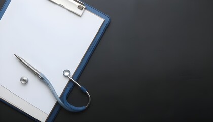 Medical Clipboard with Stethoscope and Pen on Black Background