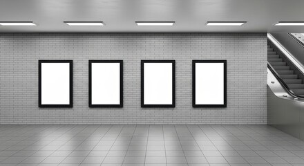 Four blank vertical mock up posters hanging in an empty subway station with escalator, advertising concept