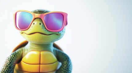 Obraz premium Cartoon turtle wearing pink sunglasses, against a bright light background