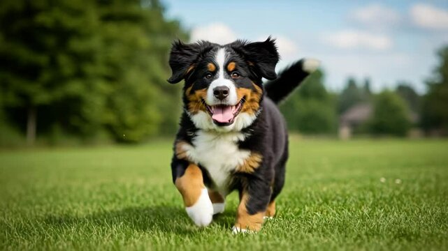 Happy Bernese Mountain Dog running on grass in sunny park  