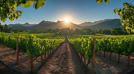 Naklejka premium Vineyard with grape vines in the sun background