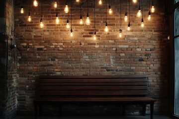 Glowing Edison bulbs hang above a wooden bench against a textured brick wall indoors