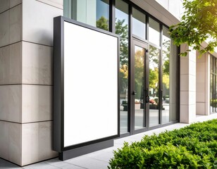 Blank billboard stands next to modern building with glass doors and green foliage