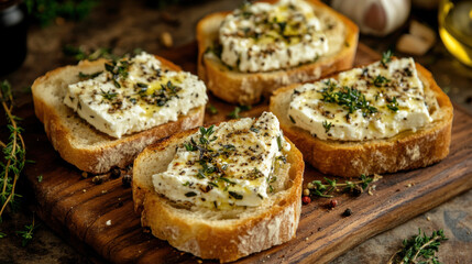 sandwich with feta cheese and olive oil on wooden background