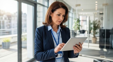 Fototapeta premium Businesswoman wearing suit and lanyard with id card using digital tablet in modern office building