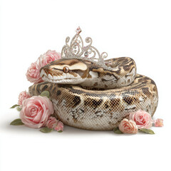 Fototapeta premium Royal Snake with Roses: A captivating portrait of a regal snake, adorned with a sparkling crown and nestled amidst delicate pink roses, evoking a sense of majesty and enchantment. 