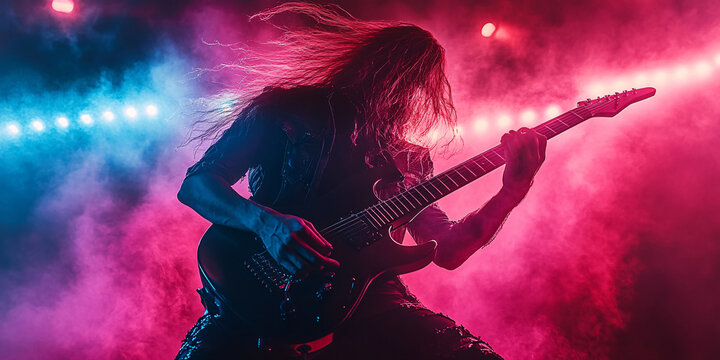 A long-haired guitarist shreds on stage during a vibrant rock concert. - Powered by Adobe