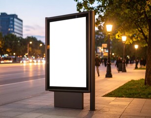 Blank billboard stands on city sidewalk at dusk streetlights illuminate pedestrians