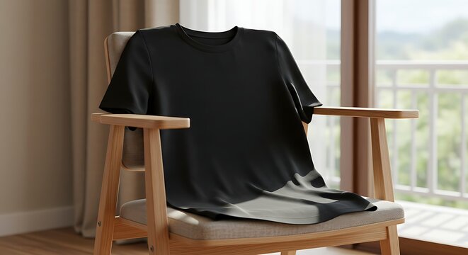 High-Resolution Black T-Shirt Mockup on Wooden Chair for Apparel Design