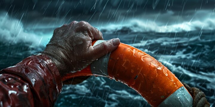 Sailor holding lifebuoy during storm in the ocean
