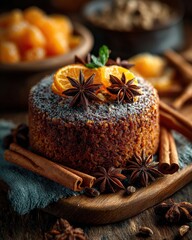 Delicious citrus cake garnished with spices and fruits on a wooden board at a cozy kitchen setting