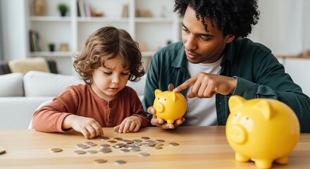 Fototapeta premium Father and son enjoying quality time together, inserting coins into a piggy bank while learning valuable lessons about saving and personal finance