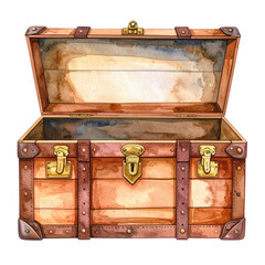 An open, empty vintage wooden treasure chest is depicted in a charming watercolor illustration with detailed brass hardware. Ideal for themes of adventure, storage, or discovery.