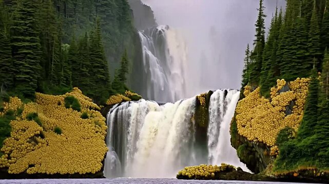 Majestic Waterfall Cascades Through Lush Forest in Tranquil Wilderness During Golden Hour Generative AI