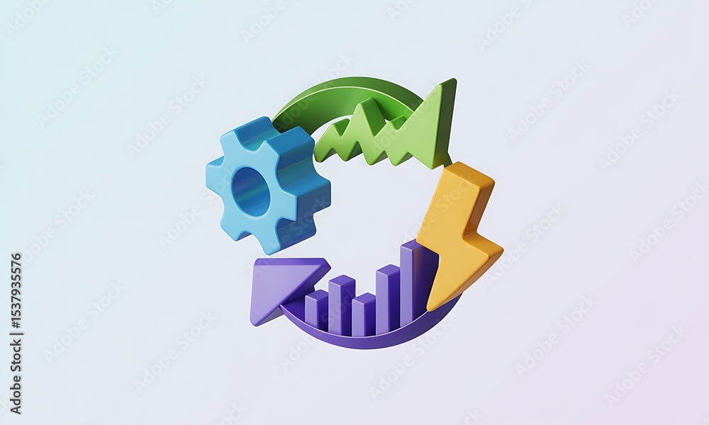 Poster workflow cycle illustrates process optimization with 3d rendering on light background, symbolizing e