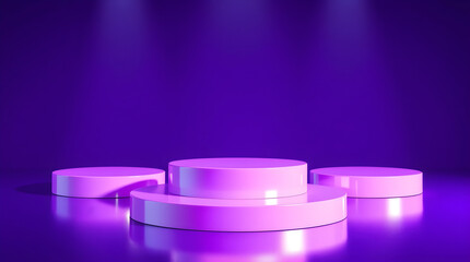 Three empty round podiums illuminated by spotlights on purple background