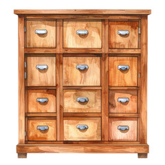 Fototapeta premium A charming watercolor painting of an old wooden cabinet featuring many small drawers, perfect for rustic decor or organization themes.
