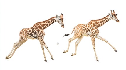Obraz premium Two giraffes suspended midair against white backdrop, legs extended, tails flicking