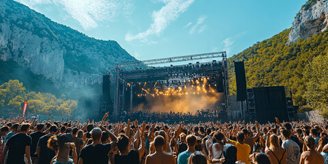 A massive crowd enjoys a vibrant outdoor music festival set against a breathtaking backdrop of majestic mountains.