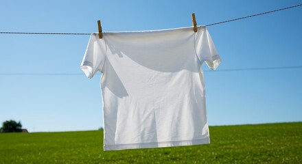 Freshly Laundered White T-Shirt Hanging on Clothesline Outdoors