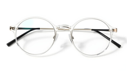 Modern clear eyeglasses resting on white background