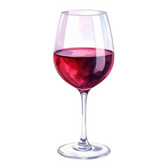 A hand painted watercolor illustration of a classic stemmed glass filled with deep red wine, perfect for beverage menus or celebration designs.